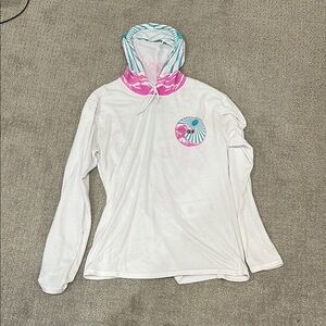 White Long Sleeve Hoodie with Pink and Blue Accents